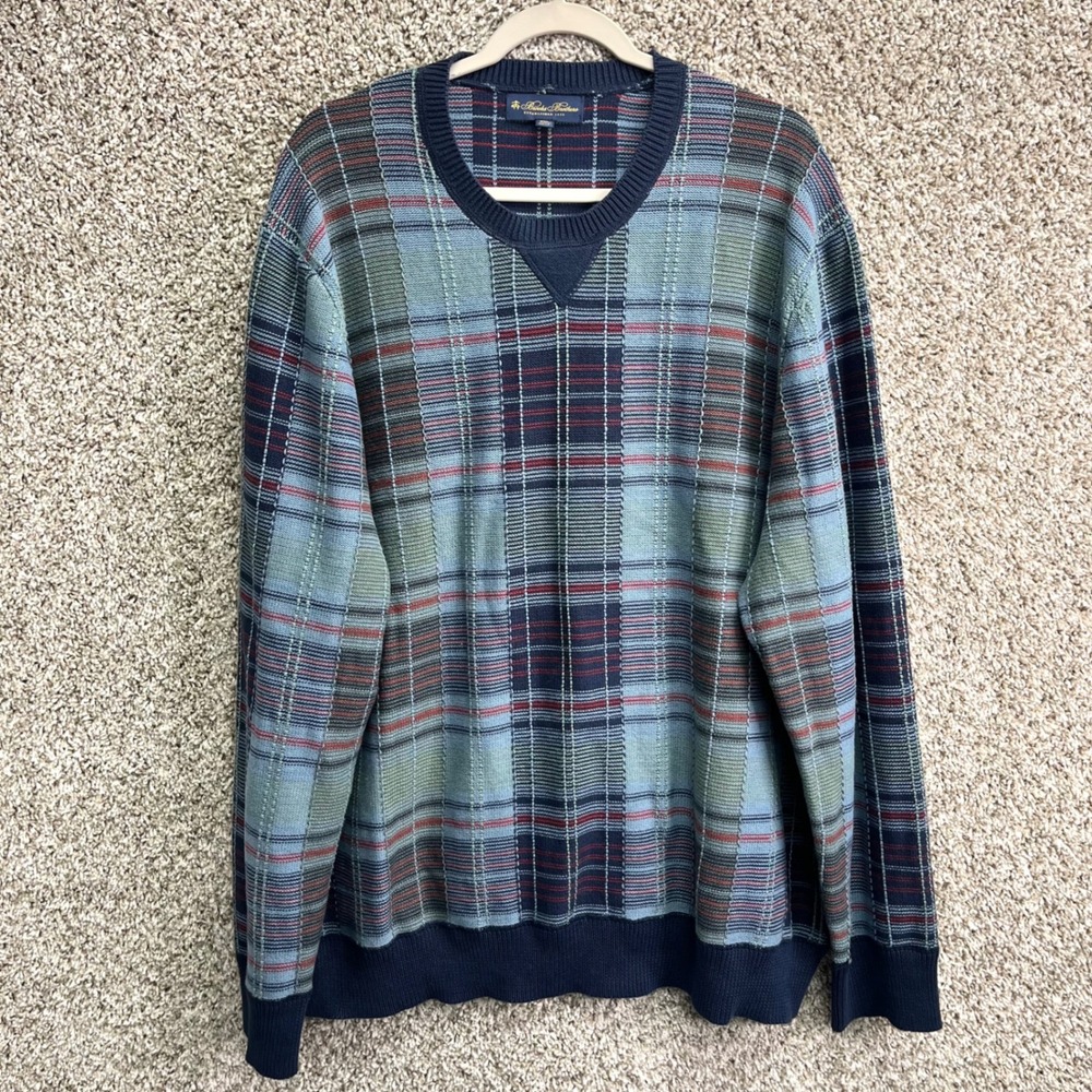 Brooks Brothers Sweater Men's XXL Blue & Red Plaid Cotton Knit Pullover Crewneck